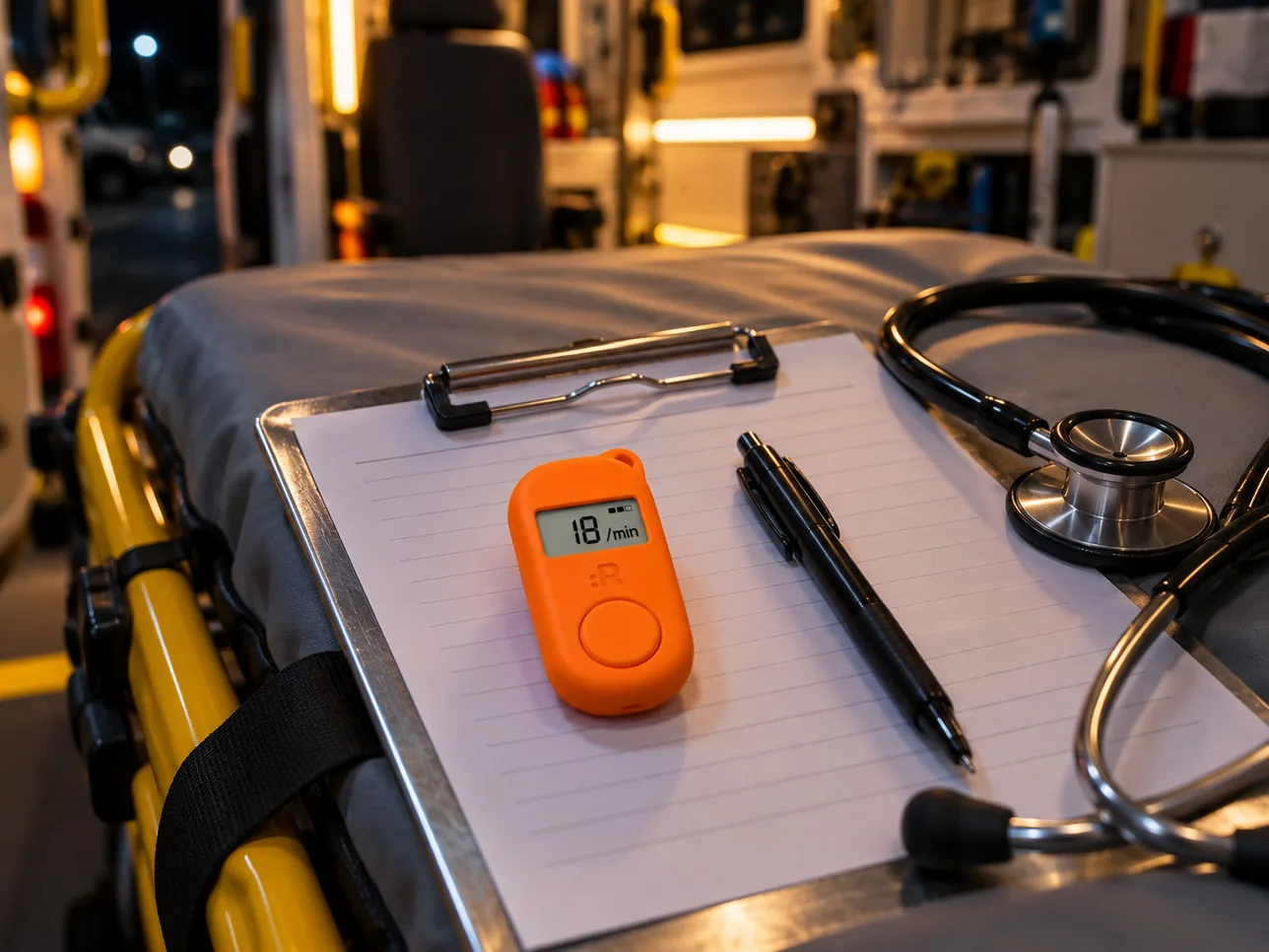 Concept render of the orange device on a clipboard with a pen and a stethoscope on an ambulance stretcher at night