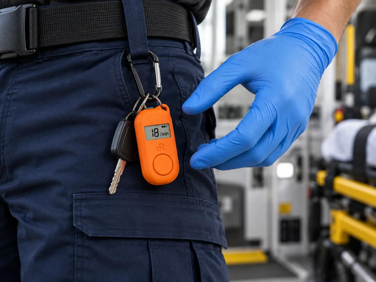 Concept render of the orange device on a small carabiner at the belt loop of navy work trousers, beside a car key, with a gloved hand reaching for it
