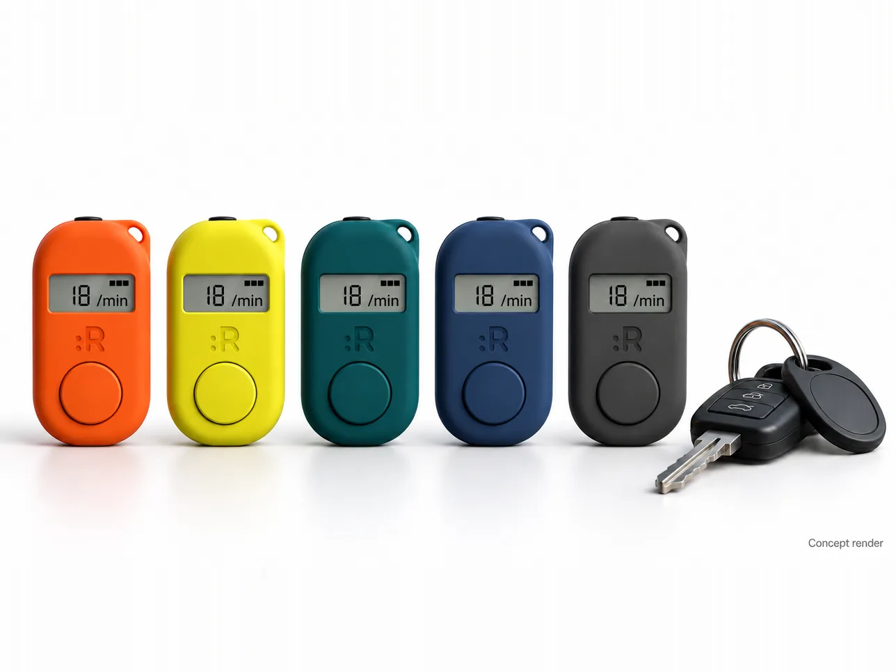 Concept render of the device in orange, yellow, teal, navy and charcoal, lined up beside a car key