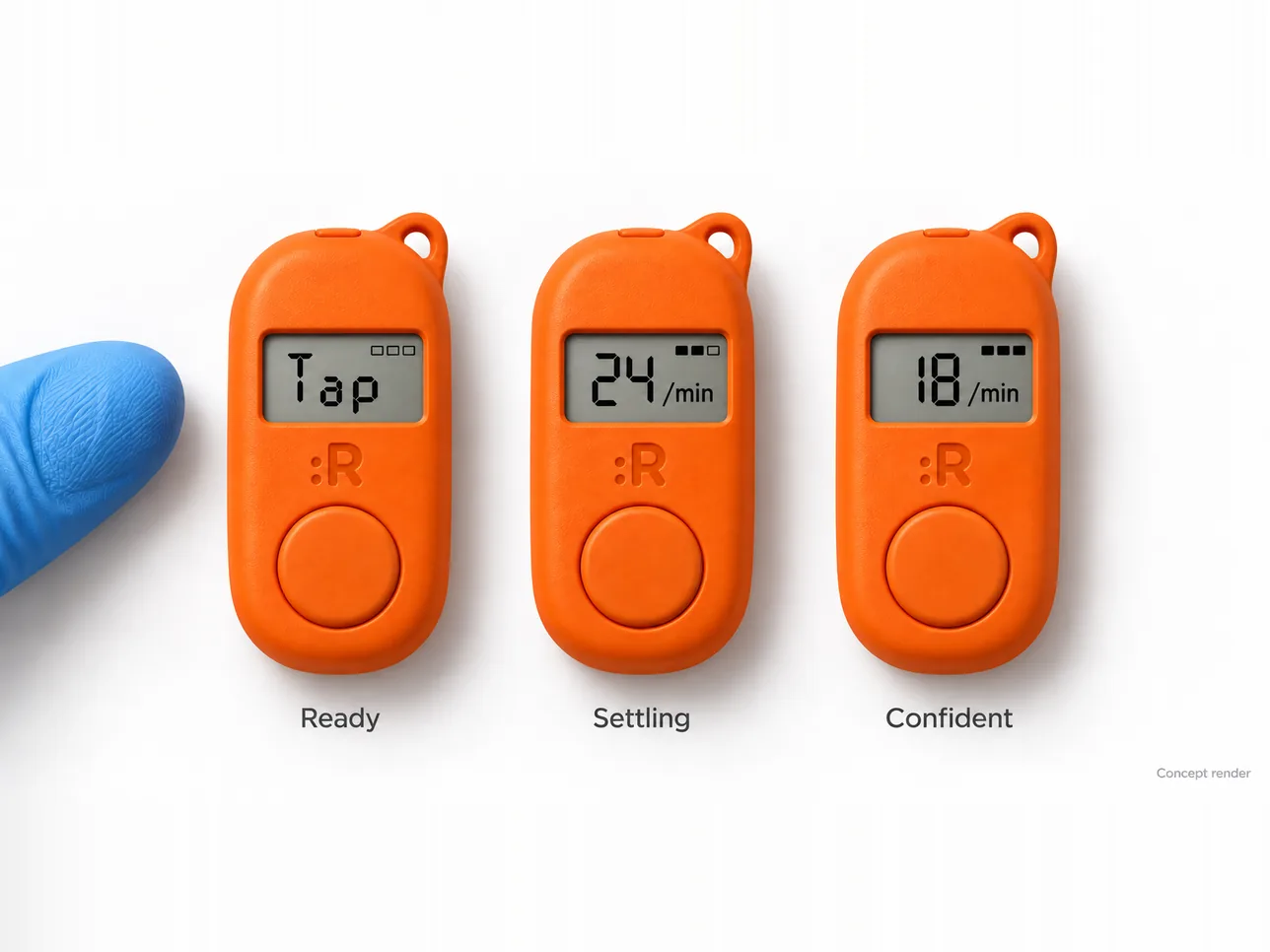 Concept render of three orange devices showing the screen states Ready, Settling and Confident, with a three block bar that fills as the taps settle