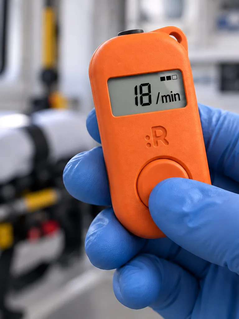 Concept render of the orange Rythmo device held in a gloved hand in the back of an ambulance, thumb on the button, showing 18 per minute