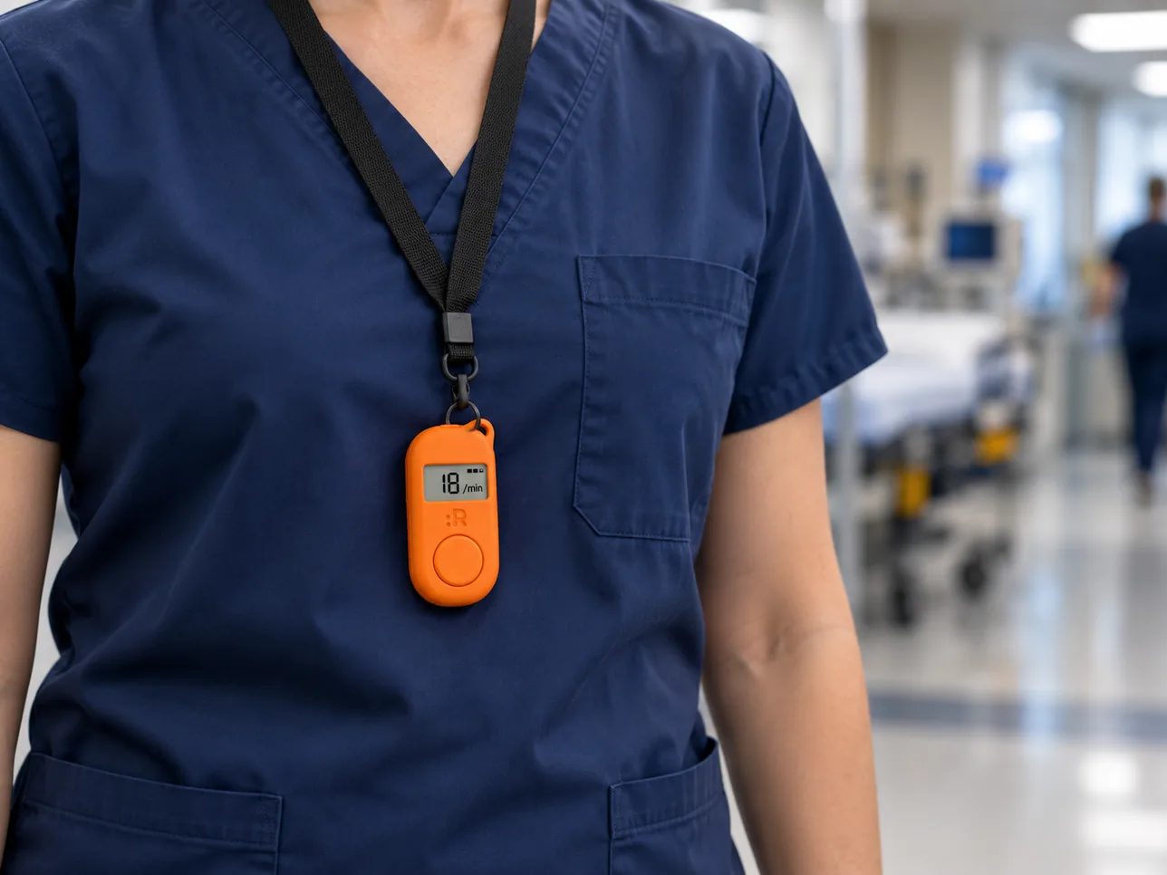 Concept render of the orange device hanging from a black lanyard over navy scrubs in a hospital corridor