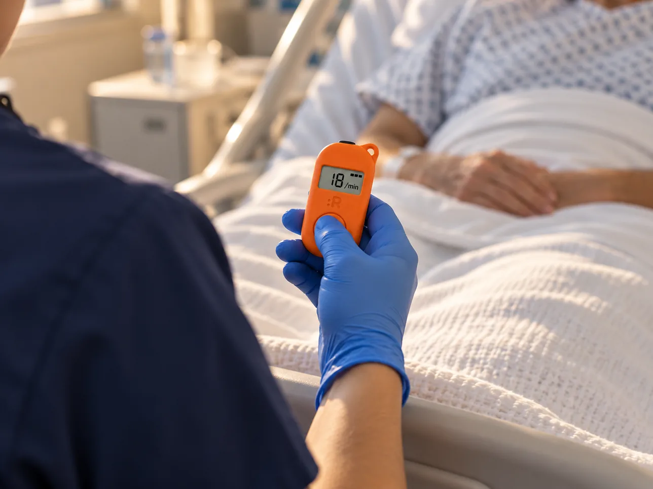 Concept render of a gloved hand holding the orange device at a hospital bedside, thumb on the button