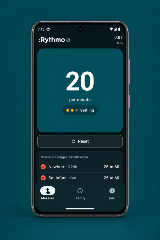 Concept render of an Android phone running the Rythmo app, reading 20 per minute, Settling, after 3 taps in 7 seconds, with the reference range table below