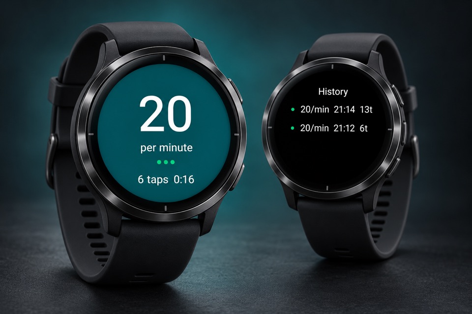 Concept render of two round sports watches running the Rythmo Garmin app, one reading 20 per minute with three confidence pips after 6 taps in 16 seconds, the other showing History with two readings of 20 per minute