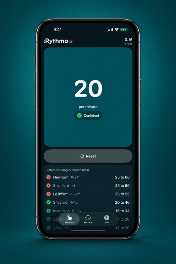 Concept render of an iPhone running the Rythmo app, reading 20 per minute, Confident, after 6 taps in 16 seconds, with the reference range table below