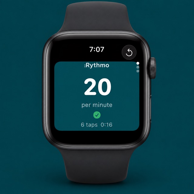 Concept render of an Apple Watch running the Rythmo app, reading 20 per minute with a confident tick, 6 taps, 16 seconds