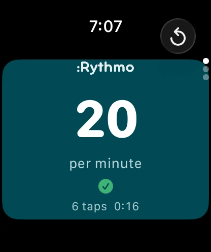 Screenshot of the Rythmo Apple Watch app reading 20 per minute with a confident tick, 6 taps, 16 seconds