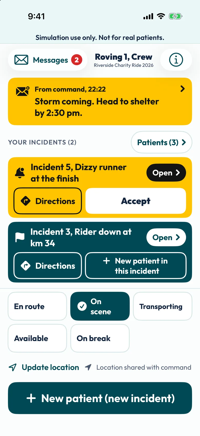 Screenshot of a crew phone marked Simulation use only: a message from command, an incident with Directions and Accept, another with New patient in this incident, status buttons for En route, On scene, Transporting, Available and On break, and Location shared with command