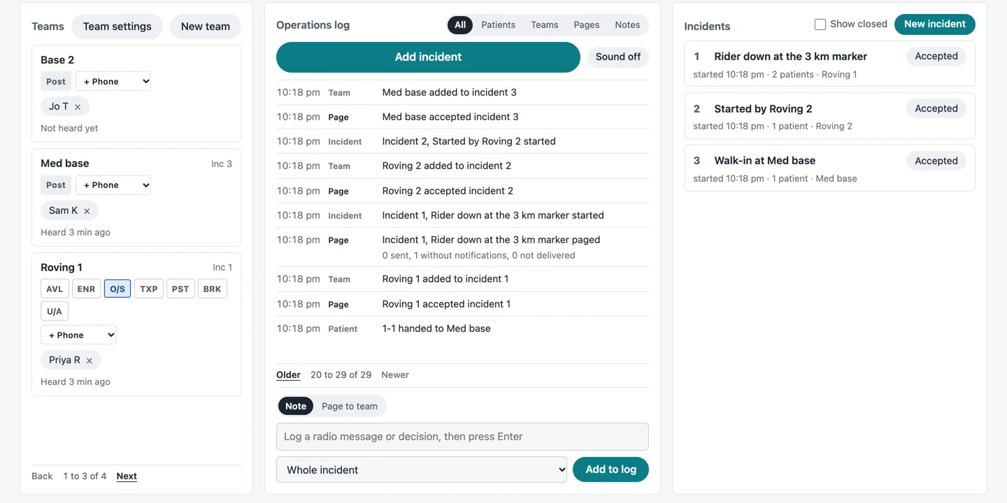 Screenshot of the commander view in a browser: teams with their status down the left, an Add incident button and the operations log in the middle with a box to add a note or page a team, and the incident list on the right