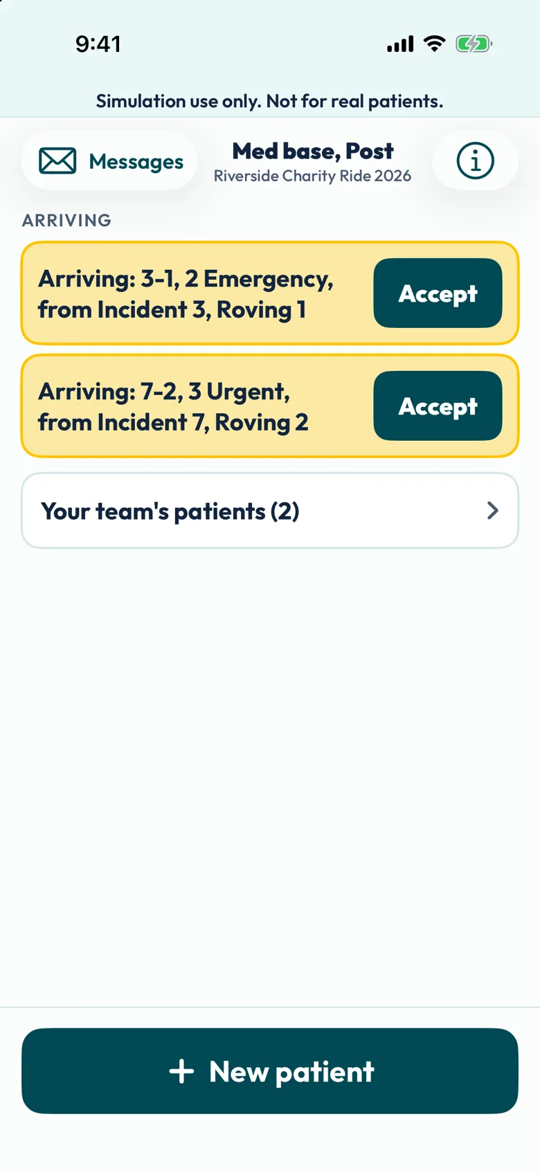 Screenshot of a post phone for Med base marked Simulation use only, with two patients arriving from incidents, each with an Accept button, and Your team's patients
