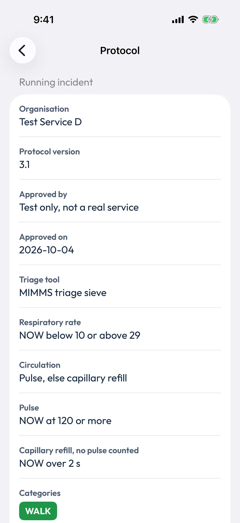 Screenshot of the Protocol screen for a made-up test service: organisation Test Service D, protocol version 3.1, approved by Test only, not a real service, approved on 4 October 2026, triage tool MIMMS triage sieve, and each threshold in the service's own labels