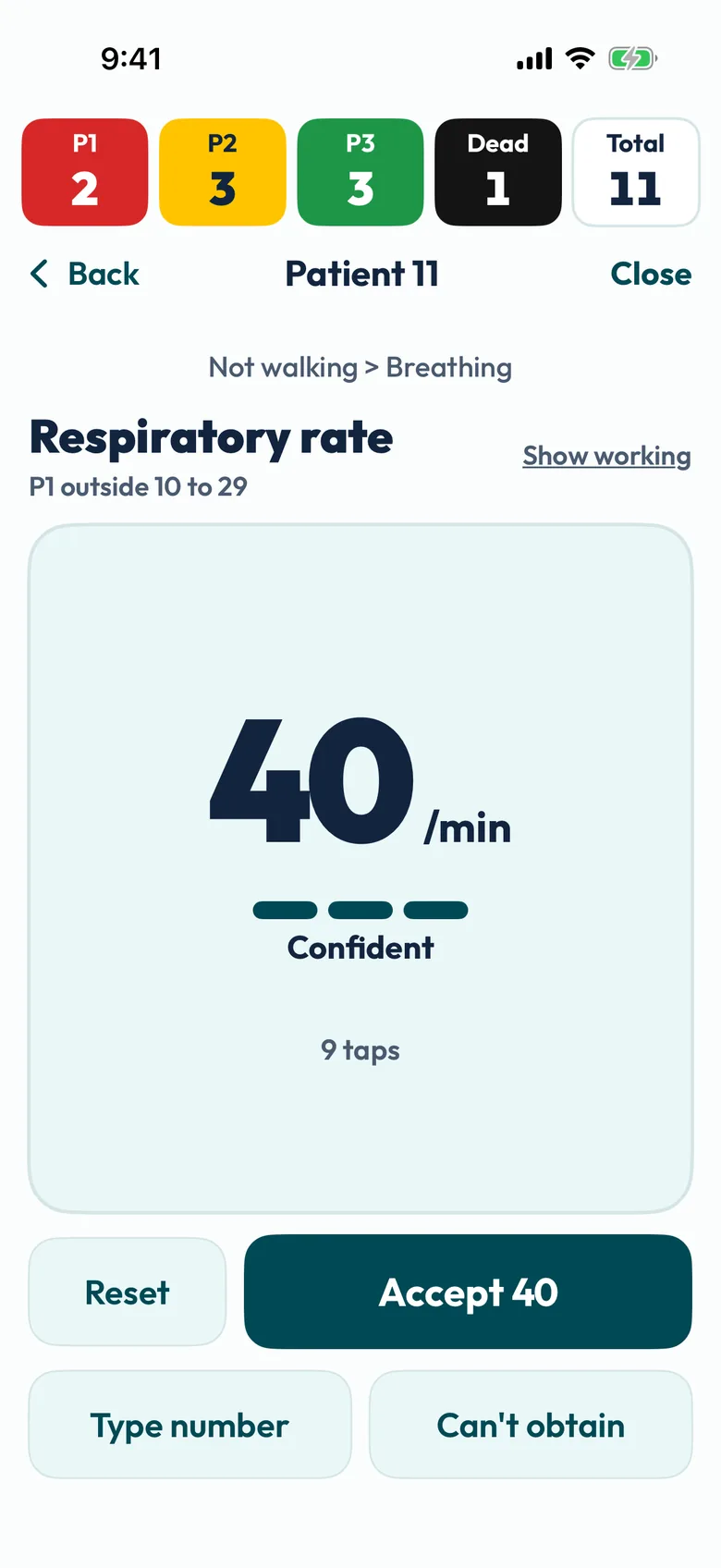 Screenshot of the respiratory rate step: 40 per minute, Confident, after 9 taps, with the threshold P1 outside 10 to 29 and buttons for Accept 40, Reset, Type number and Can't obtain